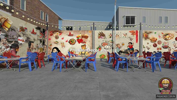 Sử dụng tranh dán tường 3D độc đáo, mang lại hiệu quả thẩm mỹ cao và đẹp khi trang trí cho Quán Lẩu Nướng Xiên Que Sử dụng tranh dán tường 3D độc đáo, mang lại hiệu quả thẩm mỹ cao và đẹp khi trang trí cho Quán Lẩu Nướng Xiên Que