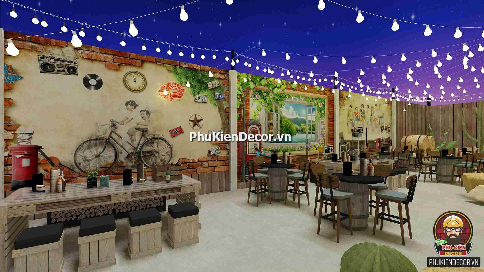 Tranh dán tường 3D quán Nhạc Auscotic - Quán Bar, Rượu, Bia sân vườn, ngoài trời mang đầy Hoài niệm Tranh dán tường 3D quán Nhạc Auscotic - Quán Bar, Rượu, Bia sân vườn, ngoài trời mang đầy Hoài niệm