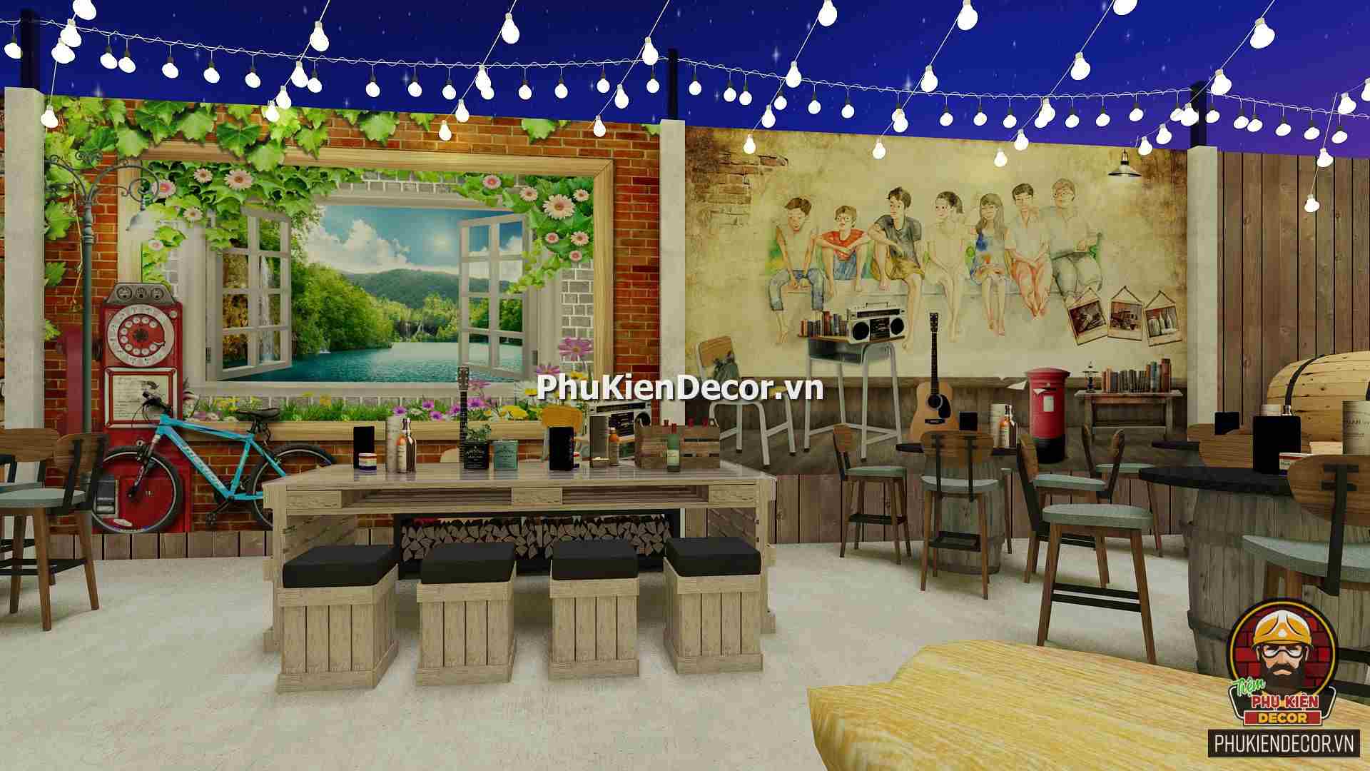 Tranh dán tường 3D quán Nhạc Auscotic - Quán Bar, Rượu, Bia sân vườn, ngoài trời mang đầy Hoài niệm Tranh dán tường 3D quán Nhạc Auscotic - Quán Bar, Rượu, Bia sân vườn, ngoài trời mang đầy Hoài niệm