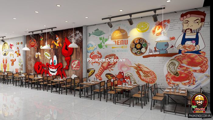 Tranh dán tường 3D quán Nhậu, Hải sản Tranh dán tường 3D quán Nhậu, Hải sản
