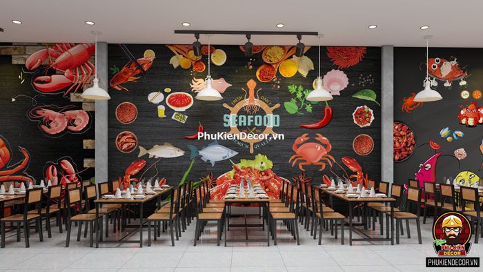 Tranh dán tường 3D quán Nhậu, Hải sản Tranh dán tường 3D quán Nhậu, Hải sản