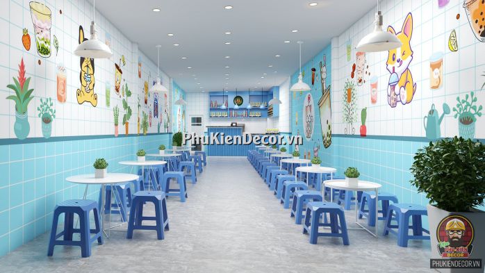 Tranh dán tường 3D quán Trà sữa, Dễ thương, Cute