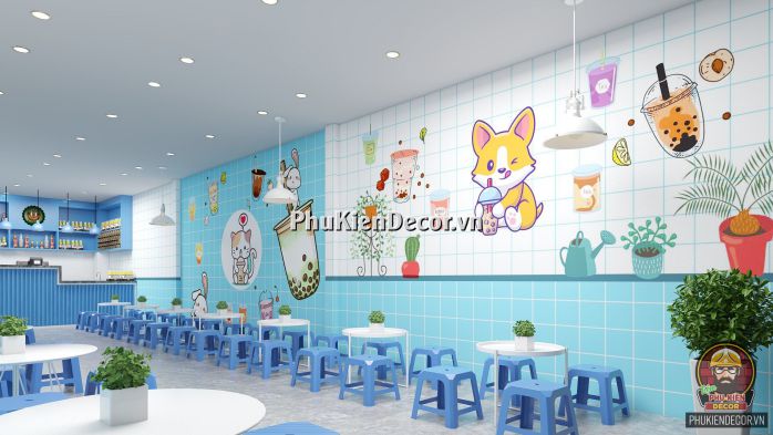Tranh dán tường 3D quán Trà sữa, Dễ thương, Cute