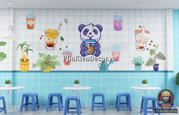 Tranh dán tường 3D quán Trà sữa, Dễ thương, Cute