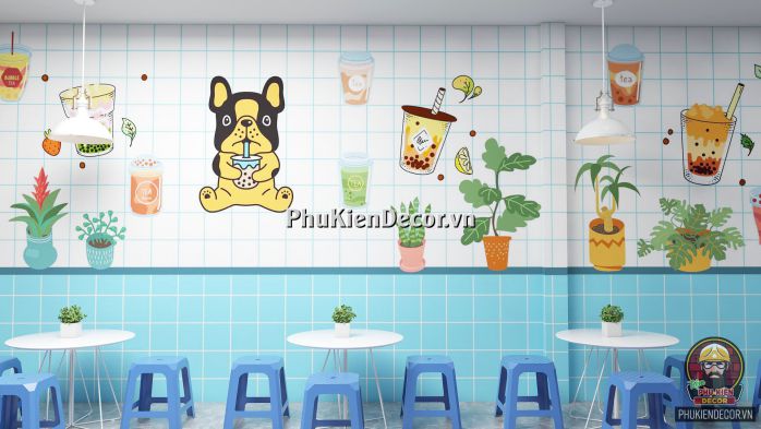 Tranh dán tường 3D quán Trà sữa, Dễ thương, Cute