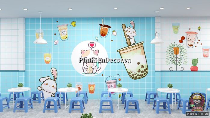 Tranh dán tường 3D quán Trà sữa, Dễ thương, Cute Tranh dán tường 3D quán Trà sữa, Dễ thương, Cute