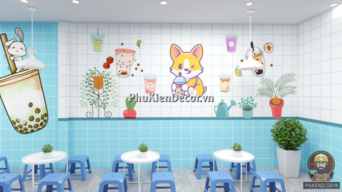 Tranh dán tường 3D quán Trà sữa, Dễ thương, Cute Tranh dán tường 3D quán Trà sữa, Dễ thương, Cute