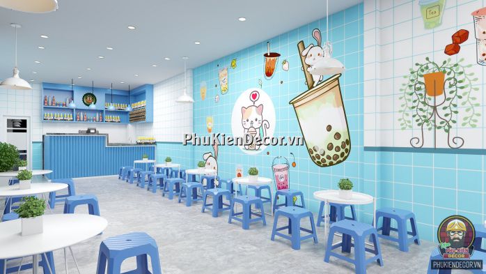 Tranh dán tường 3D quán Trà sữa, Dễ thương, Cute Tranh dán tường 3D quán Trà sữa, Dễ thương, Cute