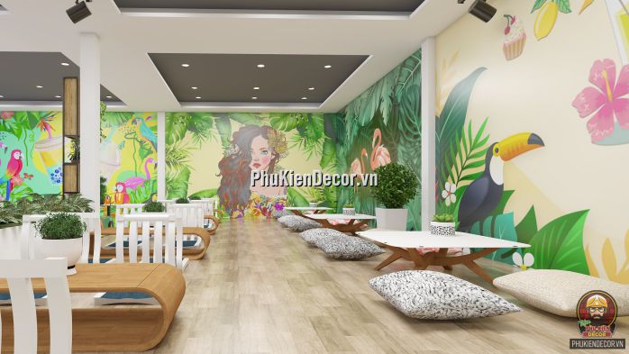 Tranh dán tường 3D quán Trà sữa, chủ đề thiên nhiên, sử dụng cho Quán Văn Phòng, Máy lạnh Tranh dán tường 3D quán Trà sữa, chủ đề thiên nhiên, sử dụng cho Quán Văn Phòng, Máy lạnh