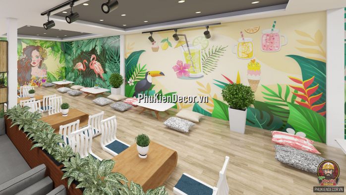 Tranh dán tường 3D quán Trà sữa, chủ đề thiên nhiên, sử dụng cho Quán Văn Phòng, Máy lạnh Tranh dán tường 3D quán Trà sữa, chủ đề thiên nhiên, sử dụng cho Quán Văn Phòng, Máy lạnh