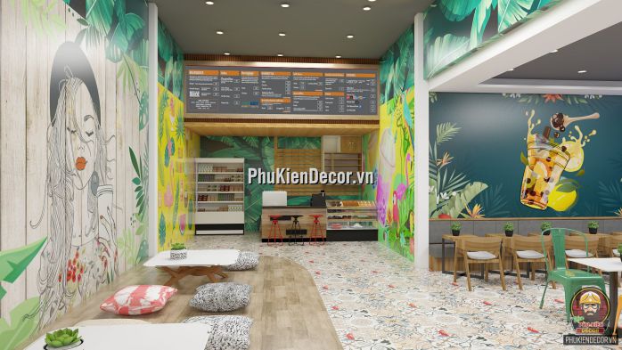 Tranh dán tường 3D quán Trà sữa, chủ đề thiên nhiên, sử dụng cho Quán Văn Phòng, Máy lạnh Tranh dán tường 3D quán Trà sữa, chủ đề thiên nhiên, sử dụng cho Quán Văn Phòng, Máy lạnh