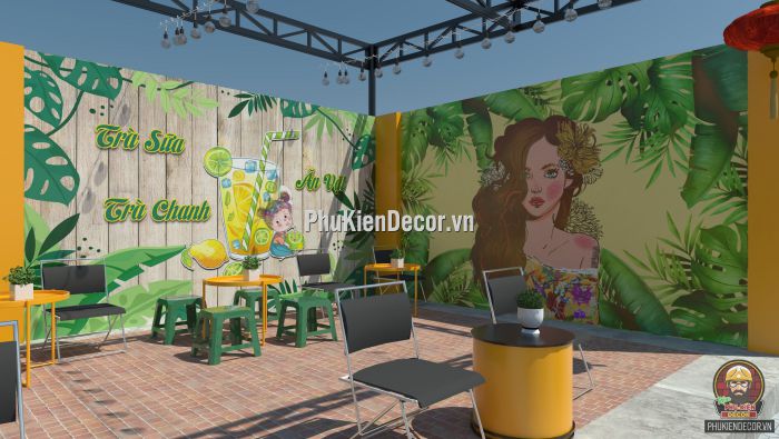 Tranh dán tường 3D quán Trà sữa, trà chanh hoa lá cỏ cây Tranh dán tường 3D quán Trà sữa, trà chanh hoa lá cỏ cây