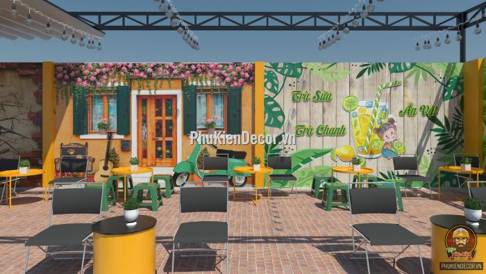 Tranh dán tường 3D quán Trà sữa, trà chanh hoa lá cỏ cây Tranh dán tường 3D quán Trà sữa, trà chanh hoa lá cỏ cây