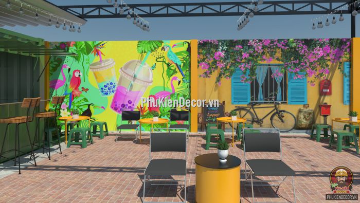 Tranh dán tường 3D quán Trà sữa, trà chanh hoa lá cỏ cây Tranh dán tường 3D quán Trà sữa, trà chanh hoa lá cỏ cây