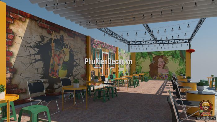 Tranh dán tường 3D quán Trà sữa, trà chanh hoa lá cỏ cây Tranh dán tường 3D quán Trà sữa, trà chanh hoa lá cỏ cây