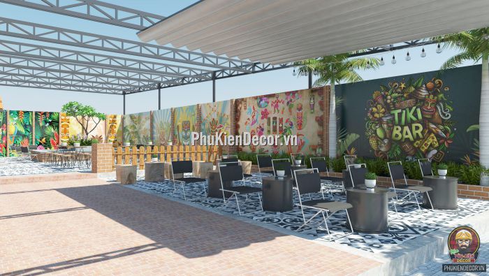 Tranh dán tường 3d quán Trà sữa, Trà chanh phong cách Tiki Bar Tranh dán tường 3d quán Trà sữa, Trà chanh phong cách Tiki Bar