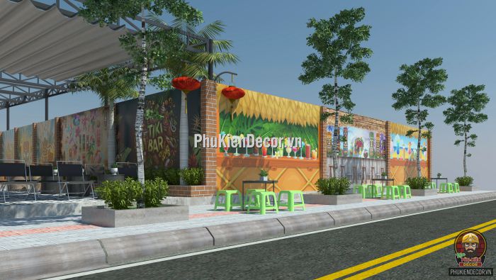 Tranh dán tường 3d quán Trà sữa, Trà chanh phong cách Tiki Bar Tranh dán tường 3d quán Trà sữa, Trà chanh phong cách Tiki Bar