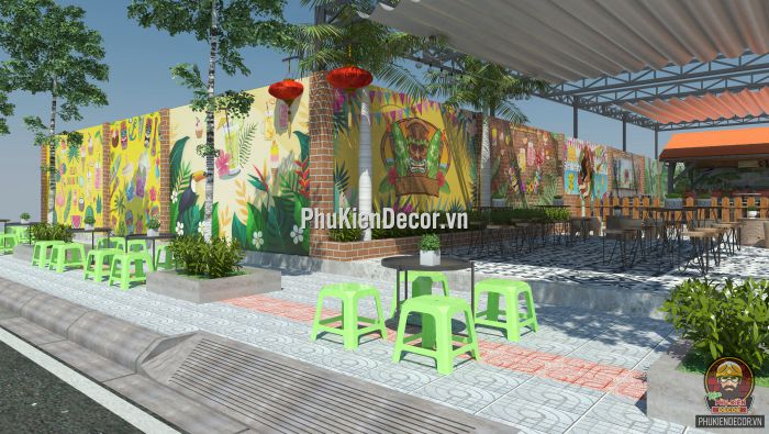 Tranh dán tường 3d quán Trà sữa, Trà chanh phong cách Tiki Bar Tranh dán tường 3d quán Trà sữa, Trà chanh phong cách Tiki Bar