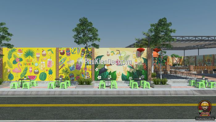 Tranh dán tường 3d quán Trà sữa, Trà chanh phong cách Tiki Bar Tranh dán tường 3d quán Trà sữa, Trà chanh phong cách Tiki Bar