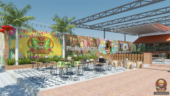 Tranh dán tường 3d quán Trà sữa, Trà chanh phong cách Tiki Bar Tranh dán tường 3d quán Trà sữa, Trà chanh phong cách Tiki Bar