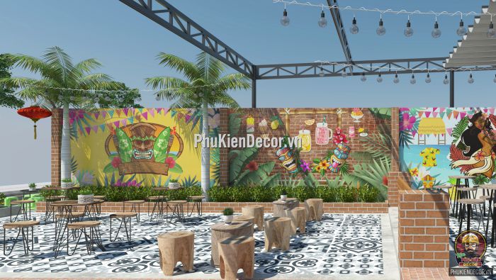Tranh dán tường 3d quán Trà sữa, Trà chanh phong cách Tiki Bar Tranh dán tường 3d quán Trà sữa, Trà chanh phong cách Tiki Bar