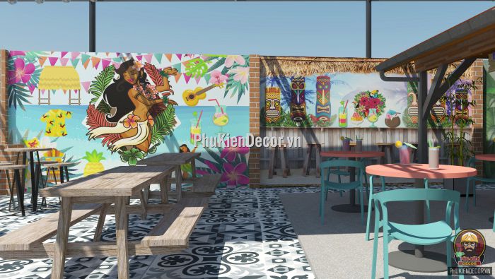 Tranh dán tường 3d quán Trà sữa, Trà chanh phong cách Tiki Bar Tranh dán tường 3d quán Trà sữa, Trà chanh phong cách Tiki Bar