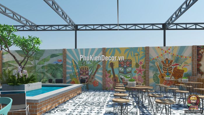 Tranh dán tường 3d quán Trà sữa, Trà chanh phong cách Tiki Bar Tranh dán tường 3d quán Trà sữa, Trà chanh phong cách Tiki Bar