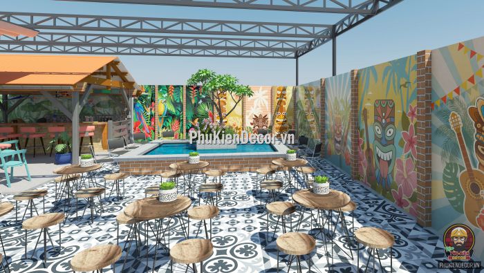 Tranh dán tường 3d quán Trà sữa, Trà chanh phong cách Tiki Bar Tranh dán tường 3d quán Trà sữa, Trà chanh phong cách Tiki Bar