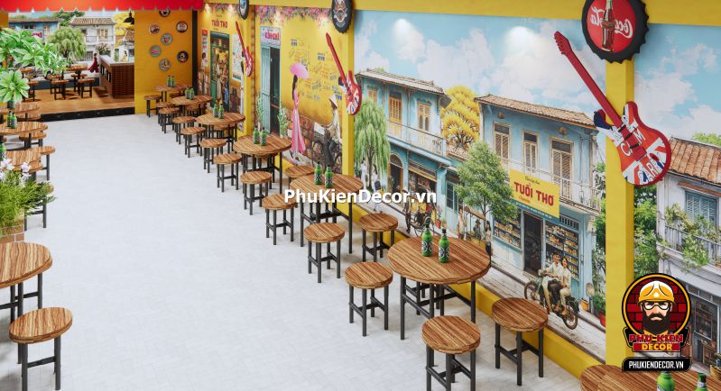 Tranh dán tường 3D ký ức Sài Gòn Tranh dán tường 3D phong cách ký ức Sài Gòn cũ cho quán cafe và nhà hàng.