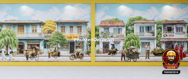 Tranh dán tường Sài Gòn xưa và nay Tranh dán tường gợi nhớ ký ức tuổi thơ Sài Gòn qua hình ảnh lịch bloc và tivi đen trắng.