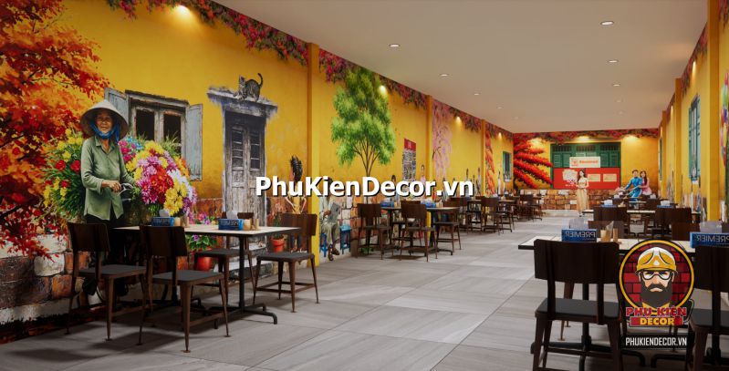 Tranh dán tường 3D mô tả cuộc sống sinh hoạt tại Hà Nội Tranh dán tường nhà tập thể Hà Nội cũ, ban công treo quần áo, cảnh sinh hoạt thường nhật của người dân thời bao cấp.