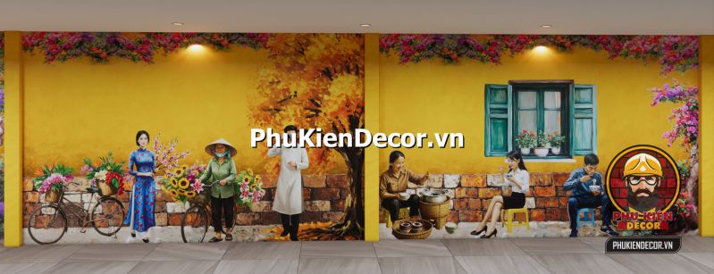 Tranh dán tường 3D mô tả cuộc sống sinh hoạt tại Hà Nội Tranh dán tường nhà tập thể Hà Nội cũ, ban công treo quần áo, cảnh sinh hoạt thường nhật của người dân thời bao cấp.