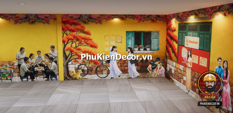 Tranh dán tường 3D mô tả cuộc sống sinh hoạt tại Hà Nội Tranh dán tường nhà tập thể Hà Nội cũ, ban công treo quần áo, cảnh sinh hoạt thường nhật của người dân thời bao cấp.