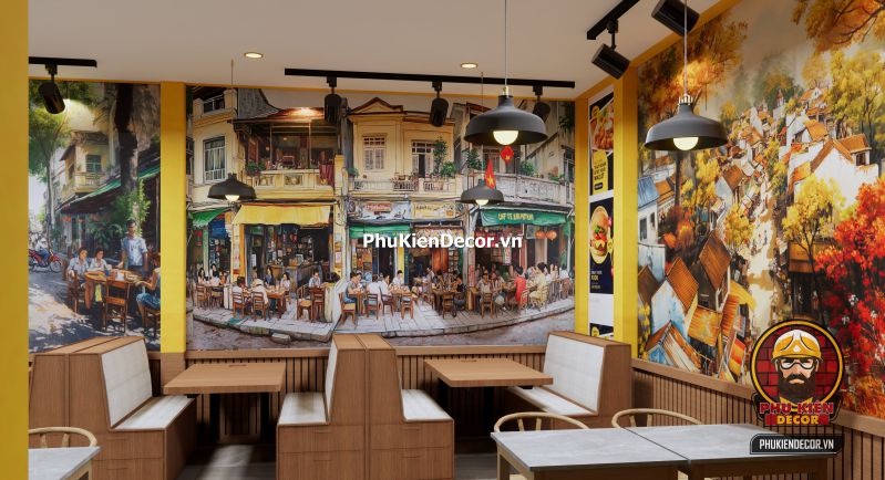 Tranh dán tường 3D sơn dầu phố xá Hà Nội Hình ảnh tranh decor cho quán nhậu Hà Nội xưa, phong cách bụi phủi với ánh đèn vàng và hình ảnh thực khách vui vẻ.