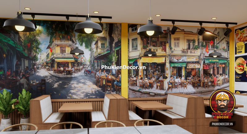 Tranh dán tường 3D sơn dầu phố xá Hà Nội Hình ảnh tranh decor cho quán nhậu Hà Nội xưa, phong cách bụi phủi với ánh đèn vàng và hình ảnh thực khách vui vẻ.