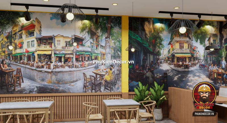 Tranh dán tường 3D sơn dầu phố xá Hà Nội Hình ảnh tranh decor cho quán nhậu Hà Nội xưa, phong cách bụi phủi với ánh đèn vàng và hình ảnh thực khách vui vẻ.