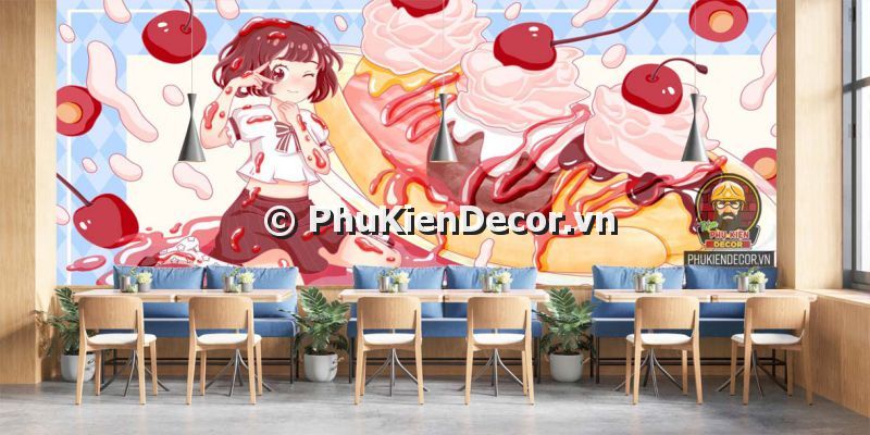 Mẫu tranh decal dán tường 3d tiệm kem - Tone Đỏ hiện đại Mẫu tranh decal dán tường 3d tiệm kem - Tone Đỏ hiện đại