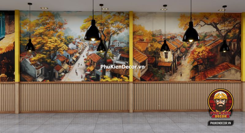 Tranh dán tường 3D tổng thể toàn cảnh Hà Nội Tranh tổng thể toàn cảnh Hà Nội xưa nhìn từ trên cao, bao gồm hồ Gươm, cầu Long Biên và phố cổ, dùng cho sảnh lớn nhà hàng