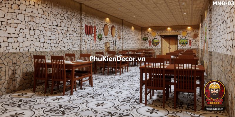 Mẫu thiết kế quán ăn dân dã sử dụng tranh dán tường vách đất đá Mẫu thiết kế quán ăn dân dã sử dụng tranh dán tường vách đất đá