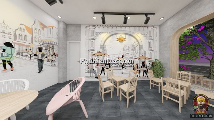 Tranh dán tường 3D phong cách Châu Âu lãng mạng, trang trí cho Quán Cafe kết hợp Trà sữa Tranh dán tường 3D phong cách Châu Âu lãng mạng, trang trí cho Quán Cafe kết hợp Trà sữa