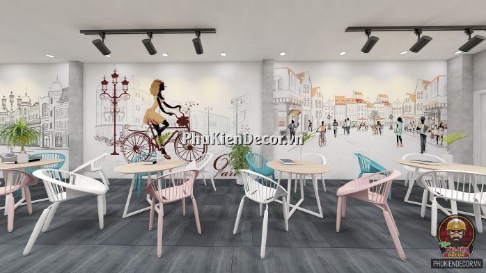 Tranh dán tường 3D phong cách Châu Âu lãng mạng, trang trí cho Quán Cafe kết hợp Trà sữa Tranh dán tường 3D phong cách Châu Âu lãng mạng, trang trí cho Quán Cafe kết hợp Trà sữa