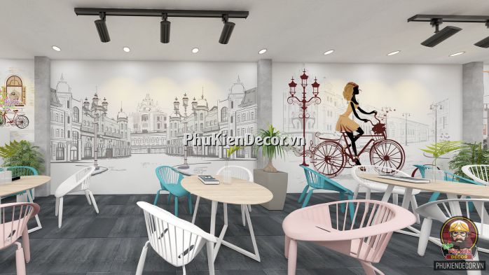 Tranh dán tường 3D phong cách Châu Âu lãng mạng, trang trí cho Quán Cafe kết hợp Trà sữa Tranh dán tường 3D phong cách Châu Âu lãng mạng, trang trí cho Quán Cafe kết hợp Trà sữa