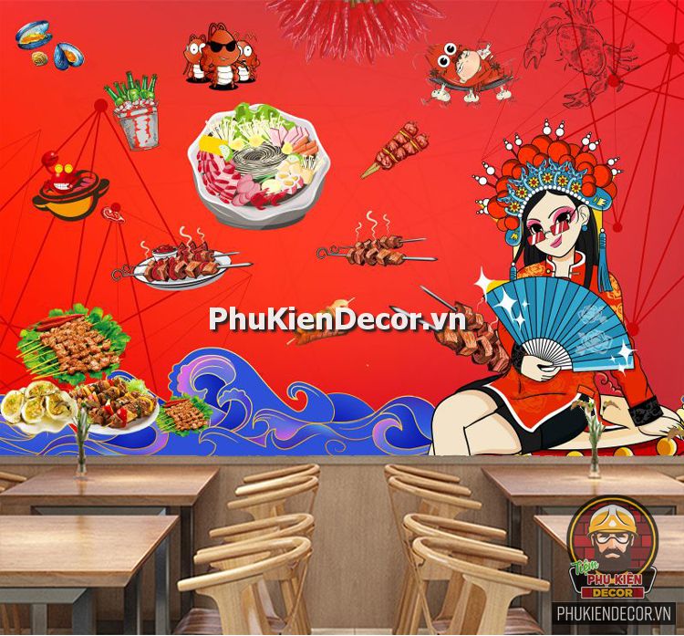 Tranh dán tường 3D trang trí quán Lẩu Cô gái Hong Kong dành cho tuổi Teen Tranh dán tường 3D trang trí quán Lẩu Cô gái Hong Kong dành cho tuổi Teen