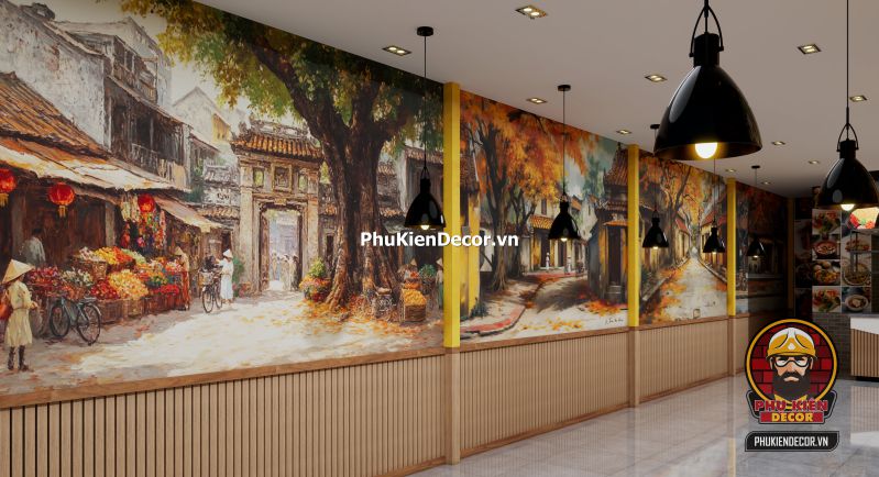 Mô hình tranh dán tường phố xá Hà Nội ngày xưa Tranh 3D Phố Cổ Hà Nội in UV khổ nhỏ, bố trí phù hợp cho quán nhỏ hoặc góc tường phụ, mang lại cảm giác gần gũi và sâu lắng.