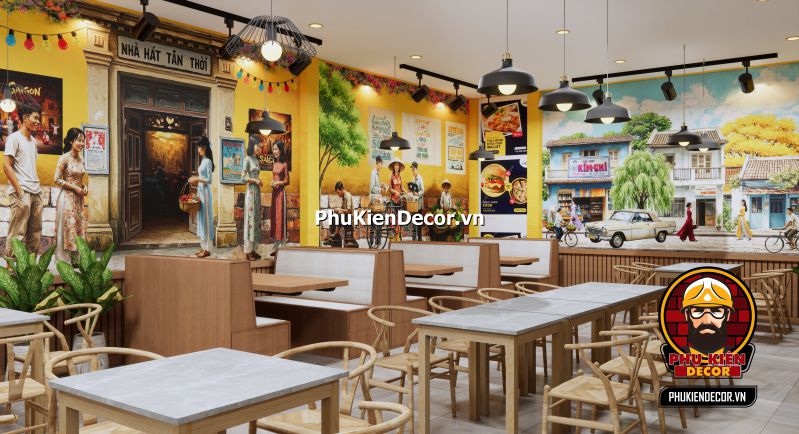 Tranh dán tường Sài Gòn xưa decor quán Cafe Không gian decor quán ăn sử dụng tranh dán tường Sài Gòn xưa, kết hợp đèn dầu và bàn ghế gỗ.