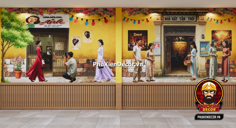Tranh dán tường 3D phong cách Sài Gòn xưa Tranh dán tường 3D phong cách Sài Gòn xưa với hình ảnh xe lam, tiệm cà phê và bảng hiệu cổ, tái hiện không gian hoài niệm cho quán ăn.