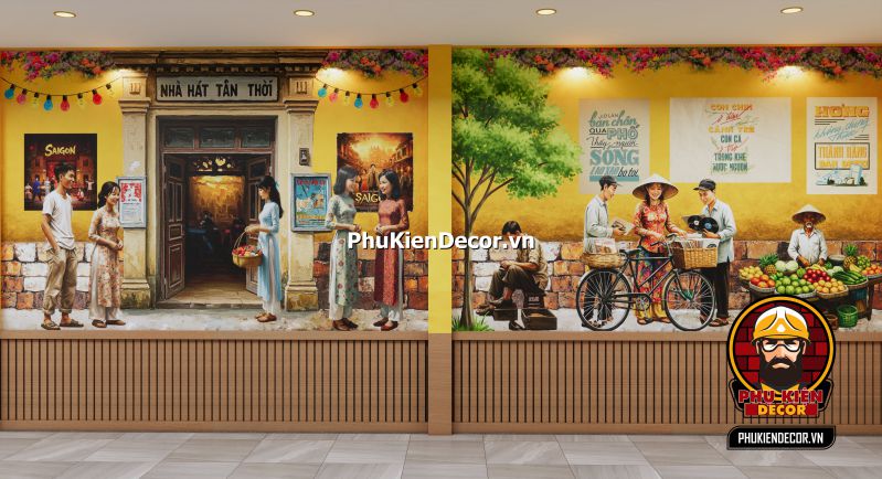 Tranh dán tường Sài Gòn xưa decor quán Cafe Không gian decor quán ăn sử dụng tranh dán tường Sài Gòn xưa, kết hợp đèn dầu và bàn ghế gỗ.