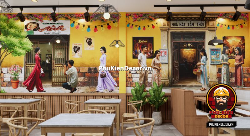 Tranh dán tường Sài Gòn xưa decor quán Cafe Không gian decor quán ăn sử dụng tranh dán tường Sài Gòn xưa, kết hợp đèn dầu và bàn ghế gỗ.