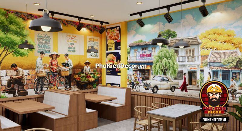Tranh dán tường 3D phong cách Sài Gòn xưa Tranh dán tường 3D phong cách Sài Gòn xưa với hình ảnh xe lam, tiệm cà phê và bảng hiệu cổ, tái hiện không gian hoài niệm cho quán ăn.