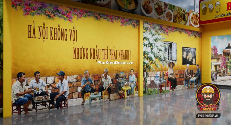 Tranh dán tường 3D quán bia hơi Hà Nội Tranh Quán Bia Hơi Hà Nội gắn trên nền tường gạch giả cổ, thể hiện cảnh bàn nhậu thời bao cấp với chai bia và ly thủy tinh.